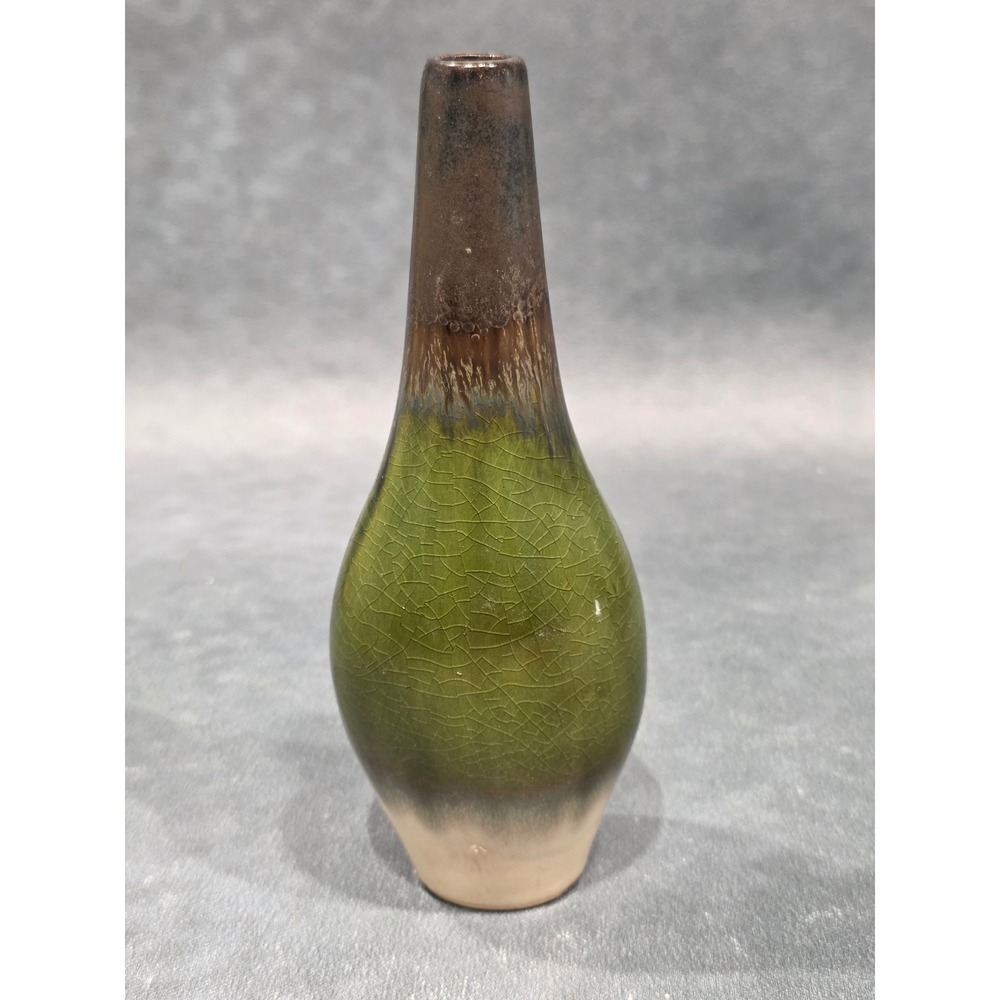 Vintage Ceramic Bud Vase Green Crackle Glaze Brown Cream 7.5 Inch MCM Style